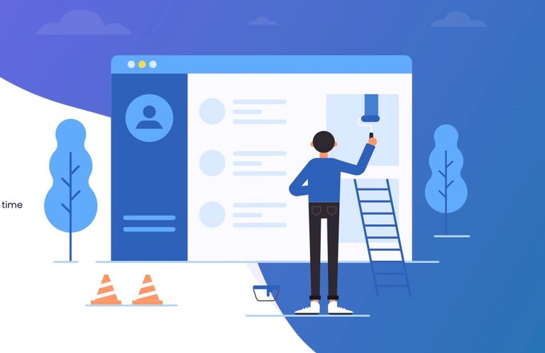 Illustration of a person building a web page interface with event and newsletter tools