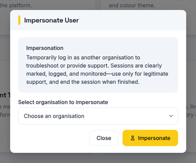 The Impersonate User dialog in EX:OH CMS for selecting an organisation to impersonate