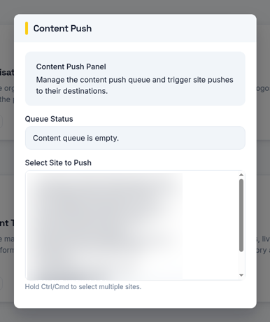 The Content Push panel in EX:OH CMS showing the content queue status and a list for selecting the sites to push