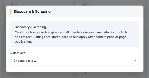 The Discovery & Scraping panel in EX:OH CMS for configuring robots.txt and llms.txt per site