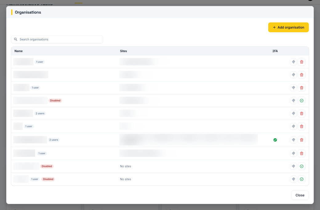 The Organisations panel in EX:OH CMS listing organisations with their users, sites and 2FA status, plus an Add organisation button
