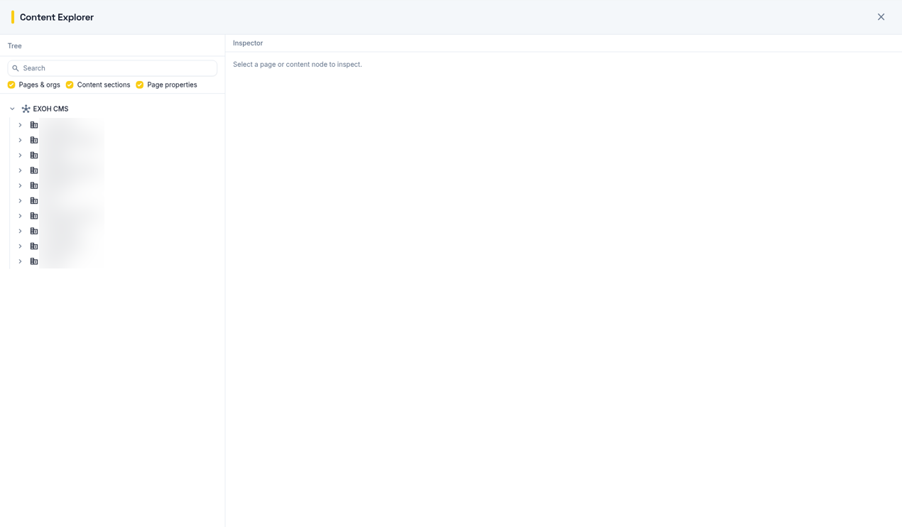 The Content Explorer in EX:OH CMS, with a searchable tree of organisations and sites on the left and an Inspector panel on the right