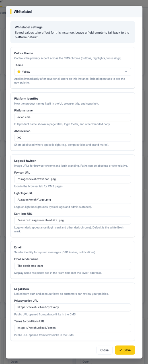 The Whitelabel settings panel in EX:OH CMS with colour theme, platform identity, logos and favicon, email sender name and legal links