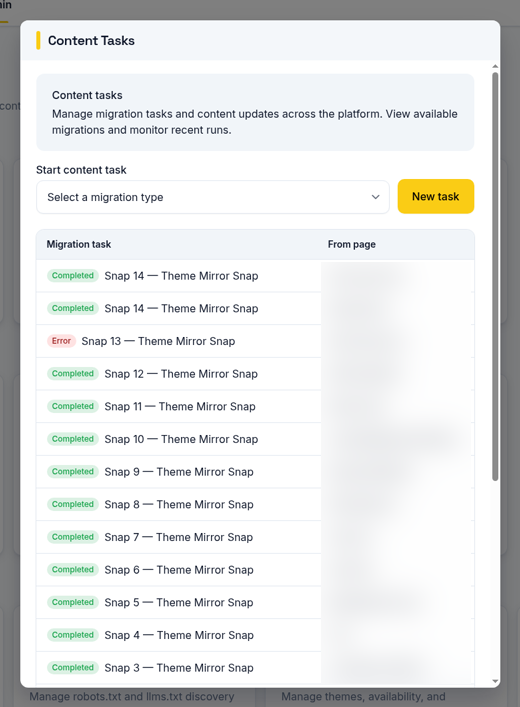 The Content Tasks panel in EX:OH CMS with a migration type selector, a New task button and a list of recent tasks with their status
