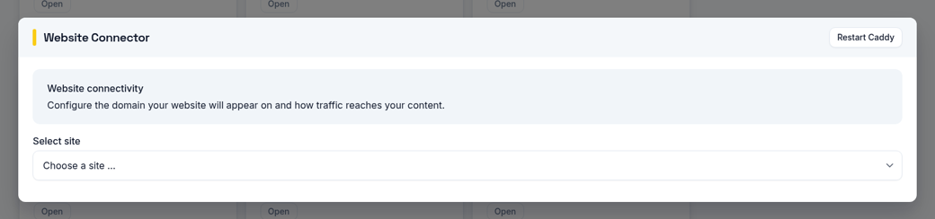 The Website Connector panel in EX:OH CMS for choosing a site and configuring the domain it is served on